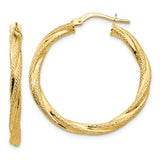 14k Yellow Gold Twisted Hoop Earrings, Textured and Polished Finish, Large Italian Style Hoops