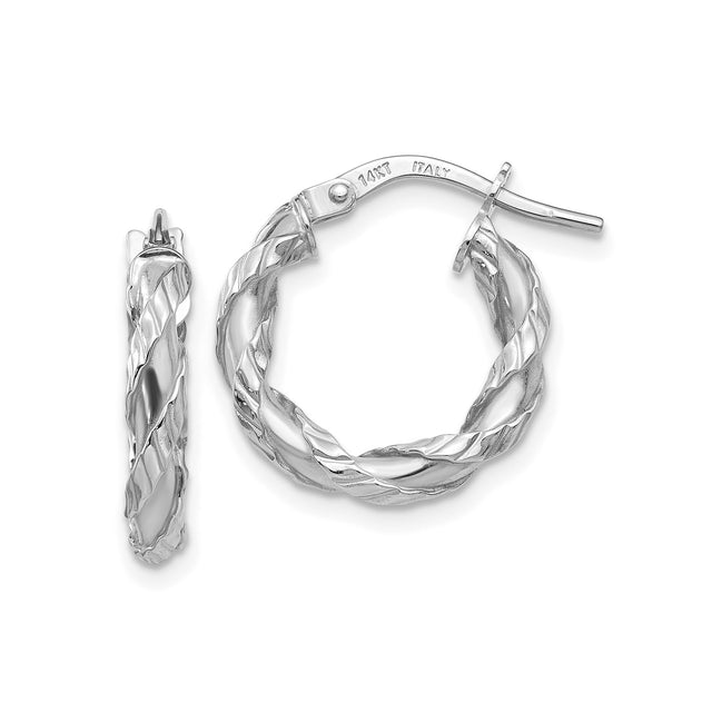 14k White Gold Twisted Hoop Earrings, Italian Braided Design, Polished Lightweight Style
