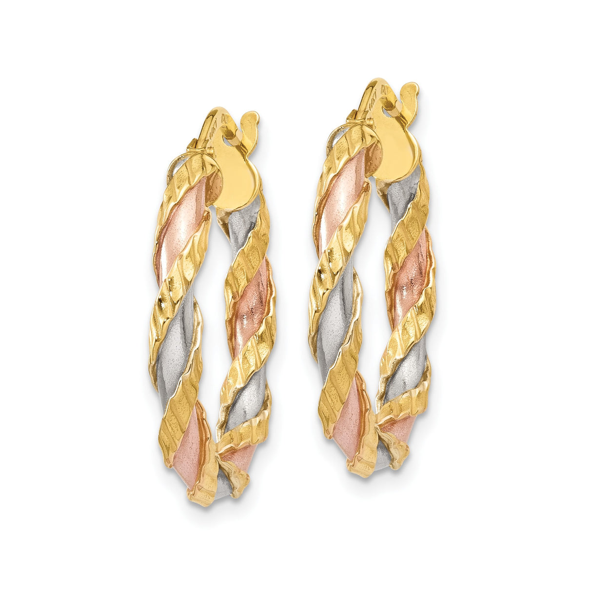 14k Tricolor Gold Hoop Earrings, Italian Made Braided Twisted Design for Women