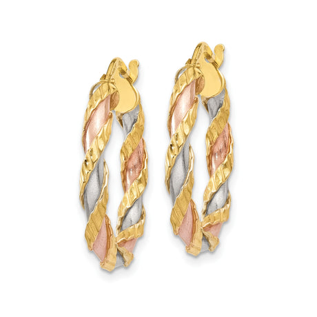 14k Tricolor Gold Hoop Earrings, Italian Made Braided Twisted Design for Women