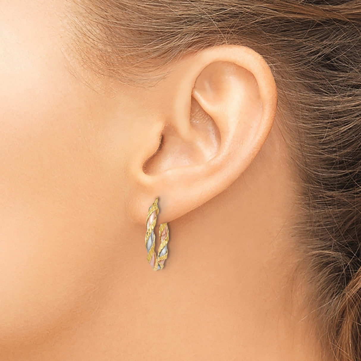 14k Tricolor Gold Hoop Earrings, Italian Made Braided Twisted Design for Women