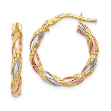 14k Tricolor Gold Hoop Earrings, Italian Made Braided Twisted Design for Women