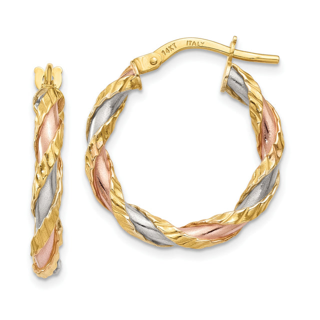 14k Tricolor Gold Hoop Earrings, Italian Made Braided Twisted Design for Women