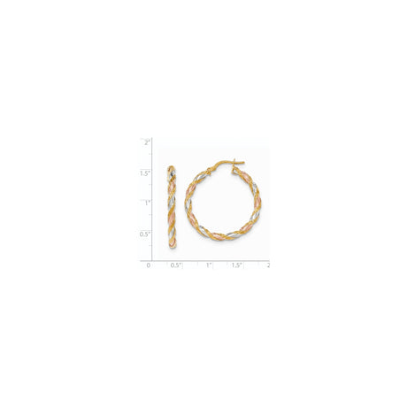 14k Tri-Tone Gold Twisted Hoop Earrings with Textured Rope Design for Women