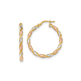 14k Tri-Tone Gold Twisted Hoop Earrings with Textured Rope Design for Women