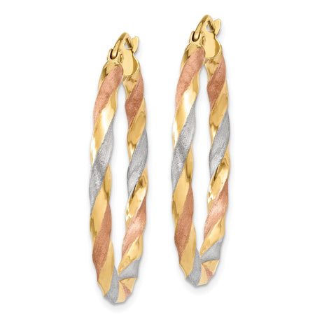 14k Tri-Color Gold Twisted Hoop Earrings with Yellow, Rose, and Rhodium Finish for Women