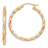 14k Tri-Color Gold Twisted Hoop Earrings with Yellow, Rose, and Rhodium Finish for Women