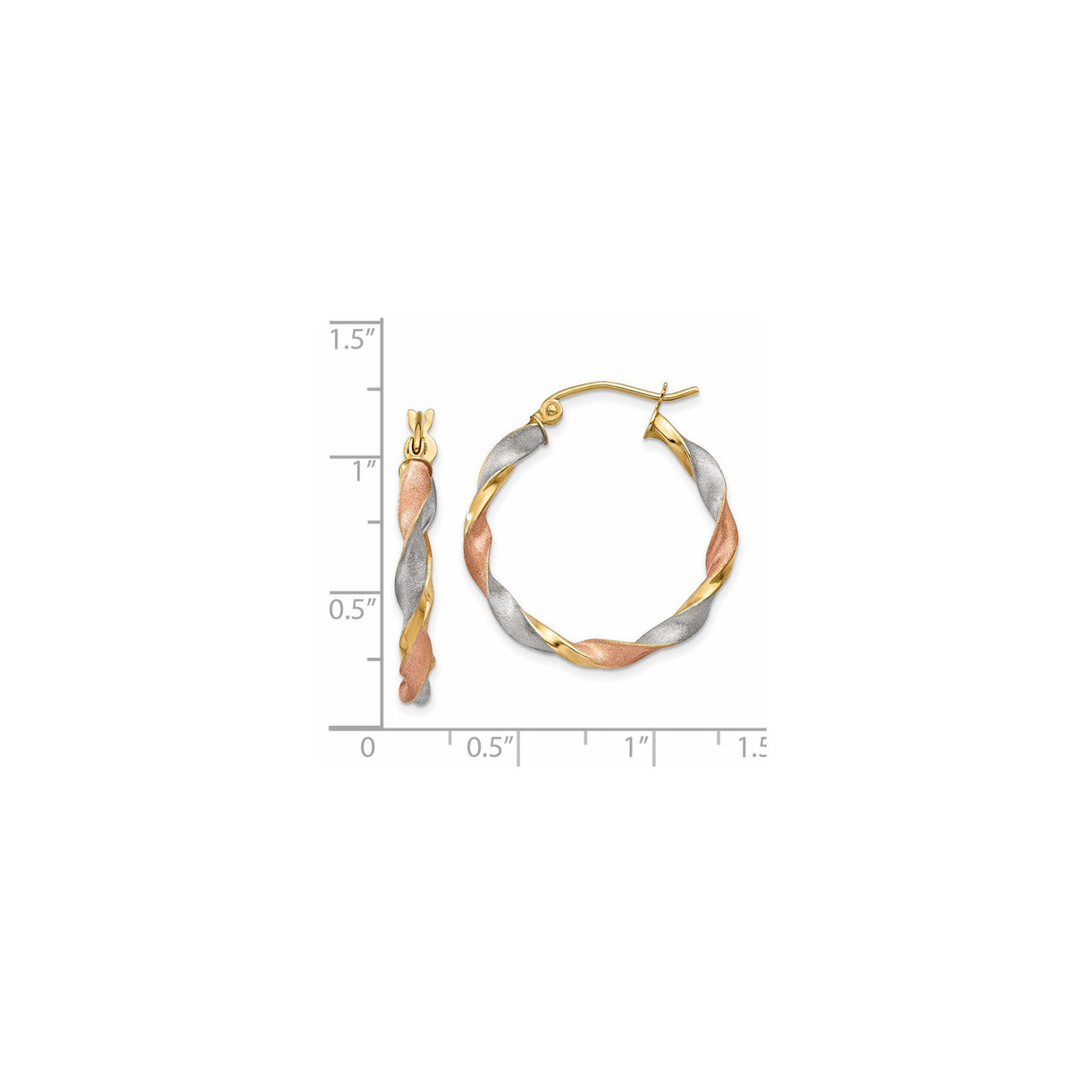 14k Tri-Color Gold Hoop Earrings with Twisted Yellow, Rose, and Rhodium Finish, Satin Texture