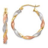 14k Tri-Color Gold Hoop Earrings with Twisted Yellow, Rose, and Rhodium Finish, Satin Texture