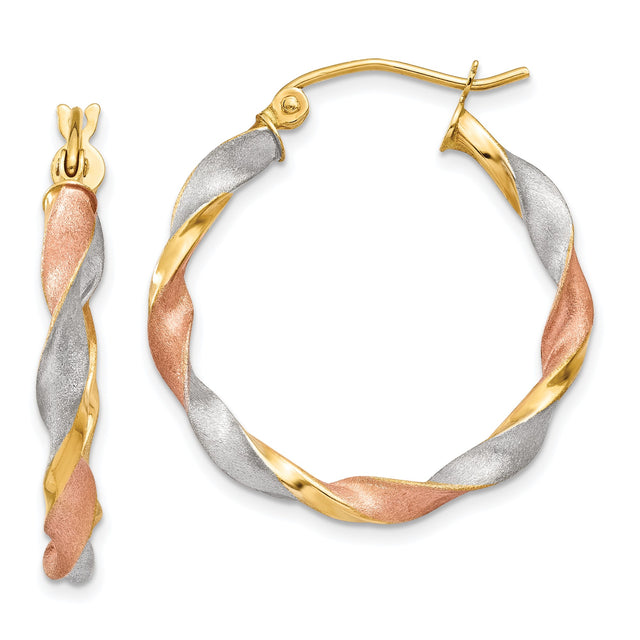 14k Tri-Color Gold Hoop Earrings with Twisted Yellow, Rose, and Rhodium Finish, Satin Texture