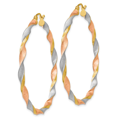 14k Tri-Color Gold Twisted Hoop Earrings, Polished and Textured Finish for Women