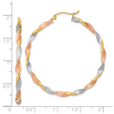 14k Tri-Color Gold Twisted Hoop Earrings, Polished and Textured Finish for Women