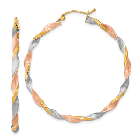 14k Tri-Color Gold Twisted Hoop Earrings, Polished and Textured Finish for Women