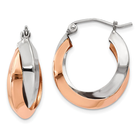 14k Yellow and White Gold Twisted Hoop Earrings, Classic Polished Round Design for Women
