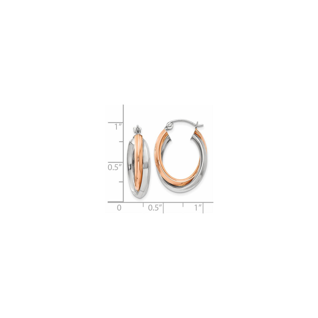 14k Two Tone Gold Hoop Earrings with Interlocking Rose and White Oval Bands