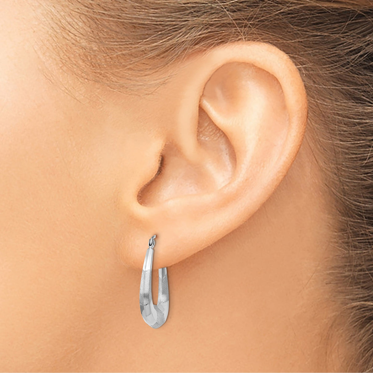 14k White Gold Twisted Hoop Earrings with Polished Satin Finish, Lightweight Modern Design