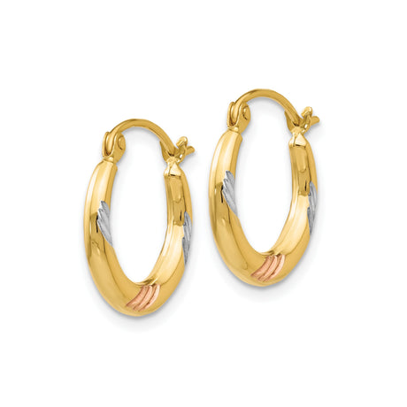 14k Yellow Gold Hoop Earrings with Rhodium Trim and Tri-Color Leaf Accents
