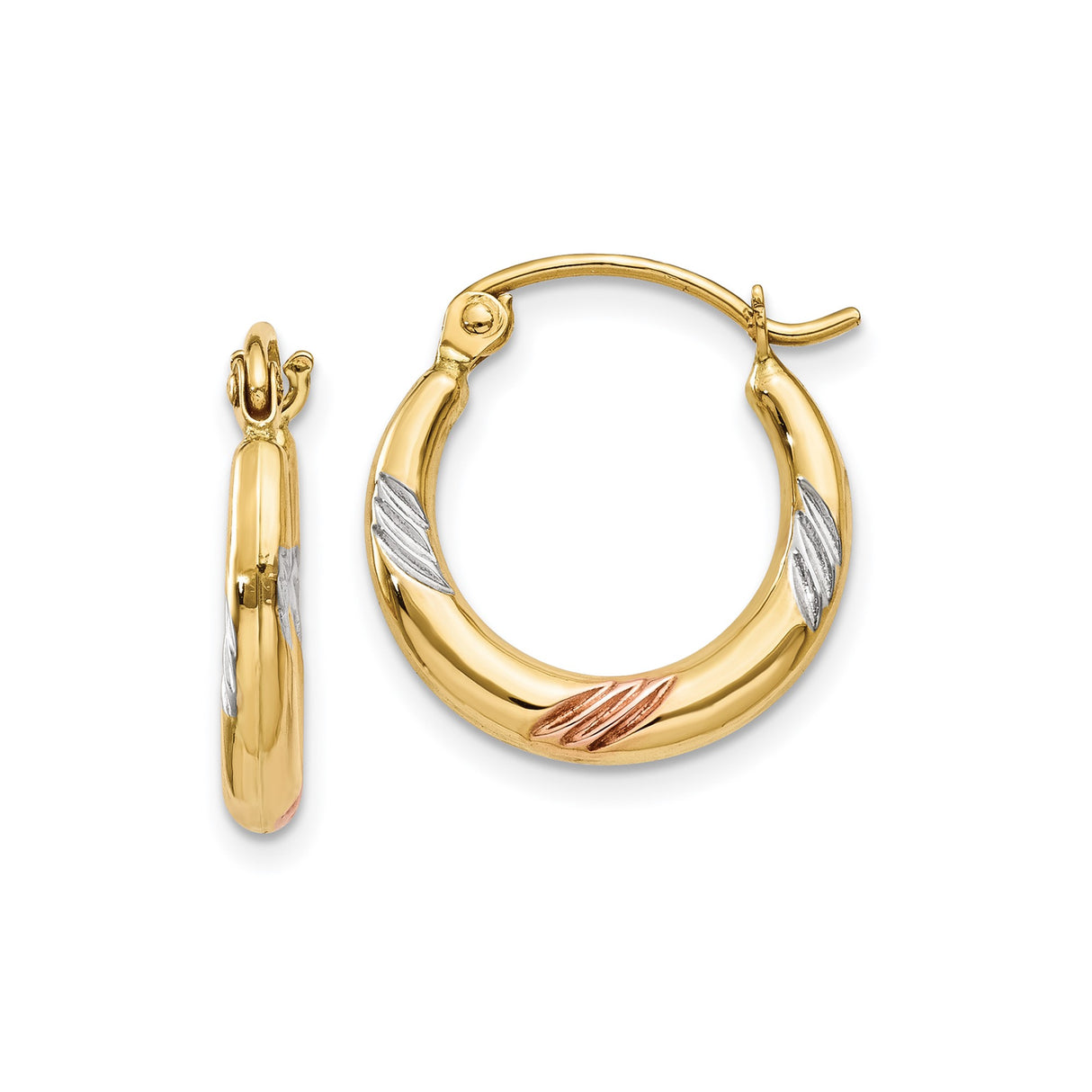 14k Yellow Gold Hoop Earrings with Rhodium Trim and Tri-Color Leaf Accents