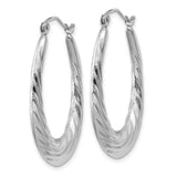 14k White Gold Twisted Hoop Earrings, Sculpted Oval Hoops with Polished Finish