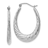 14k White Gold Twisted Hoop Earrings, Sculpted Oval Hoops with Polished Finish
