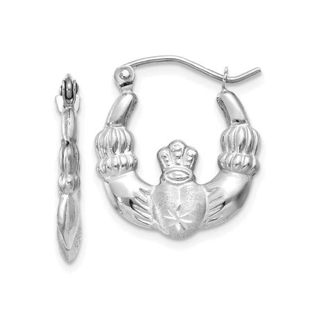 14k White Gold Claddagh Hoop Earrings with Crowned Heart and Hands Design