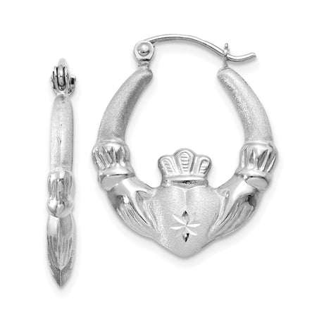 14k White Gold Claddagh Hoop Earrings with Crowned Heart and Starburst Design