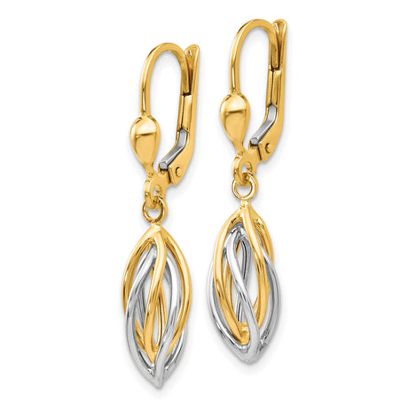 14k Two-Tone Gold Marquise Drop Earrings with Twisted Interwoven Design Leverback Style