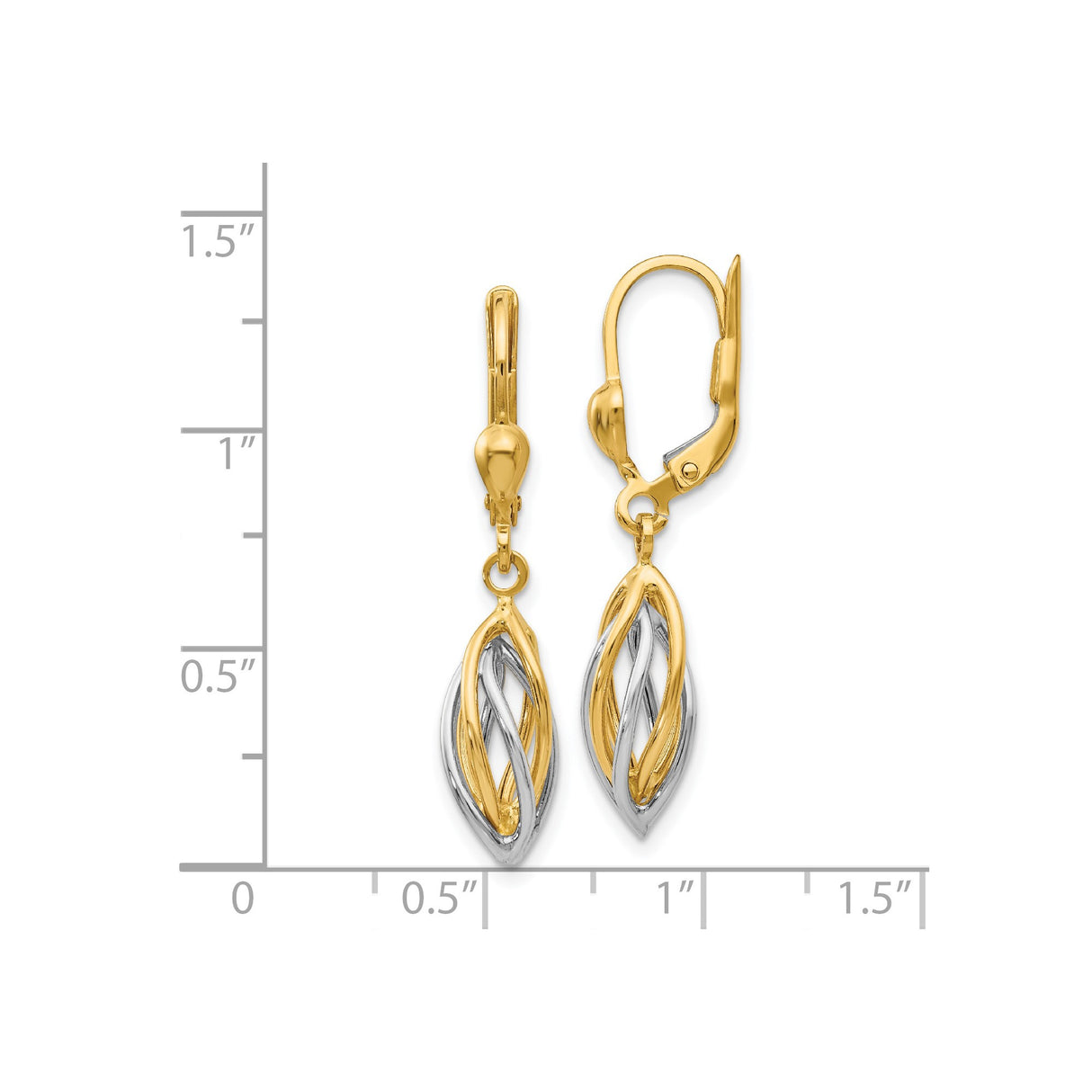 14k Two-Tone Gold Marquise Drop Earrings with Twisted Interwoven Design Leverback Style