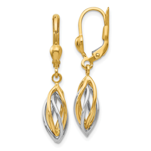 14k Two-Tone Gold Marquise Drop Earrings with Twisted Interwoven Design Leverback Style