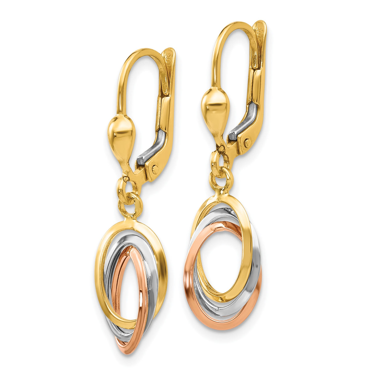 14k Tri-Color Gold Leverback Earrings with Interlocking Oval Loops