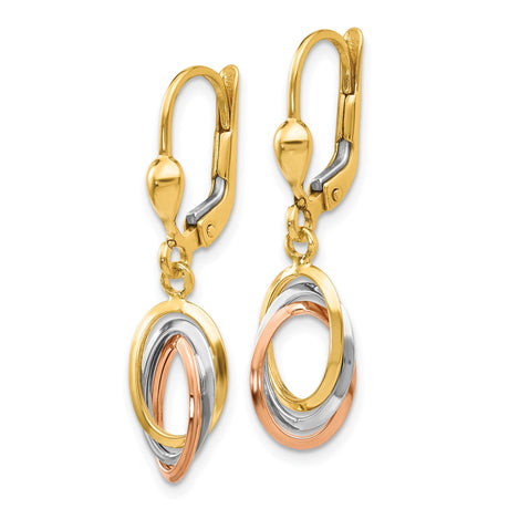14k Tri-Color Gold Leverback Earrings with Interlocking Oval Loops