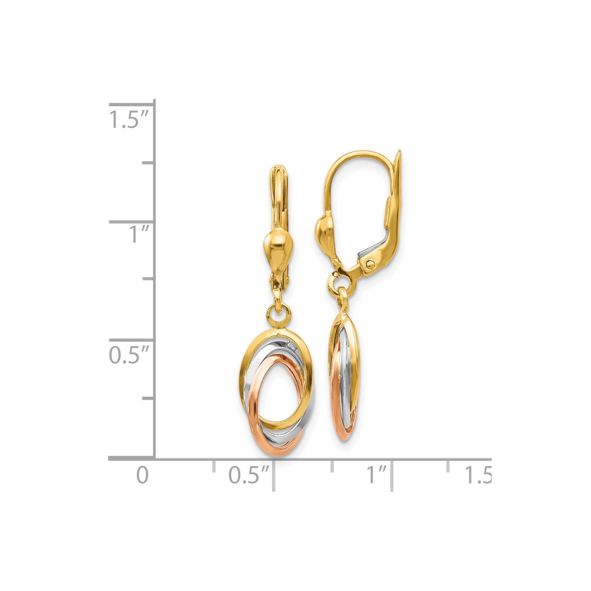 14k Tri-Color Gold Leverback Earrings with Interlocking Oval Loops