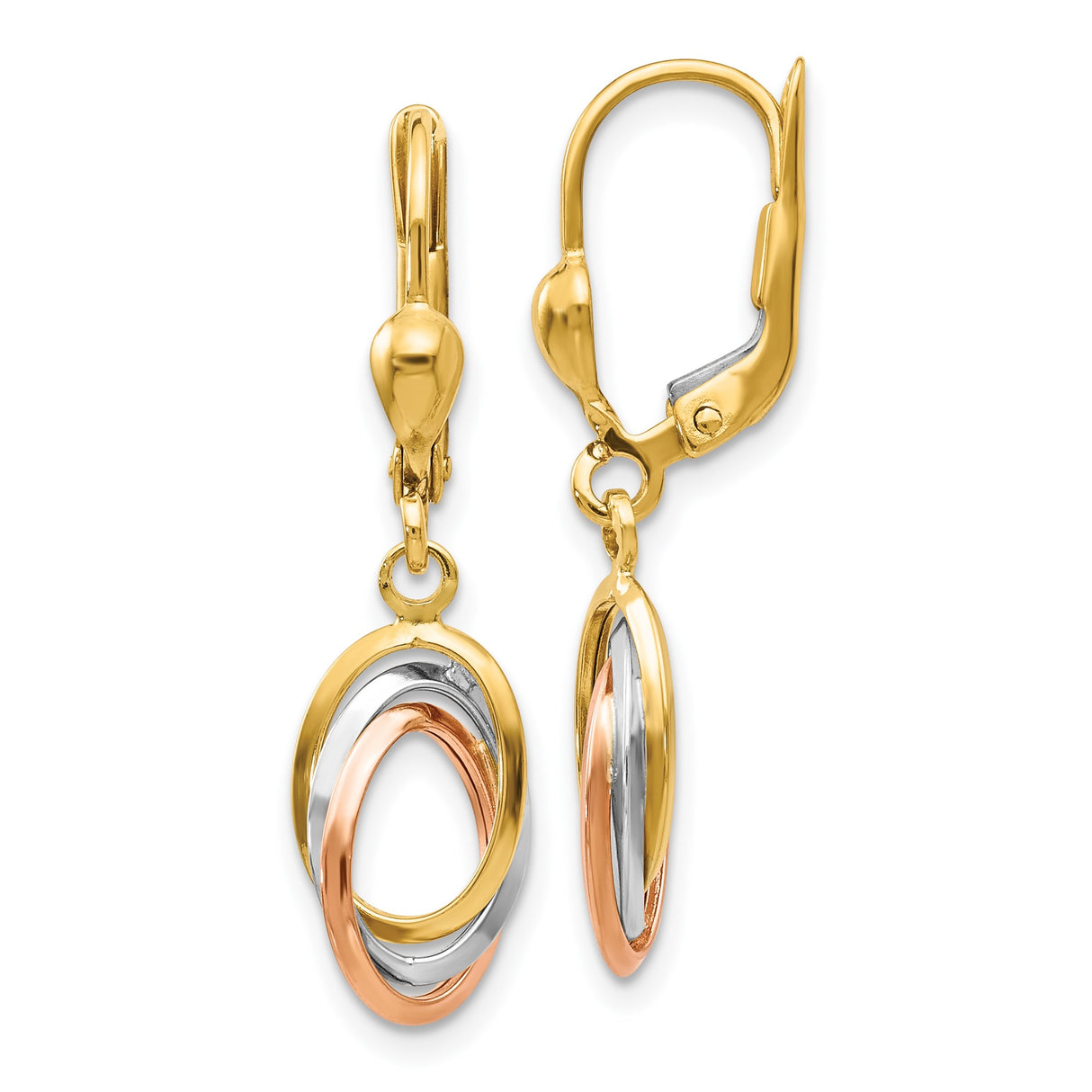 14k Tri-Color Gold Leverback Earrings with Interlocking Oval Loops