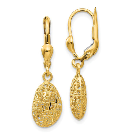14k Yellow Gold Drop Earrings with Textured Filigree Oval Design and Leverback Closures