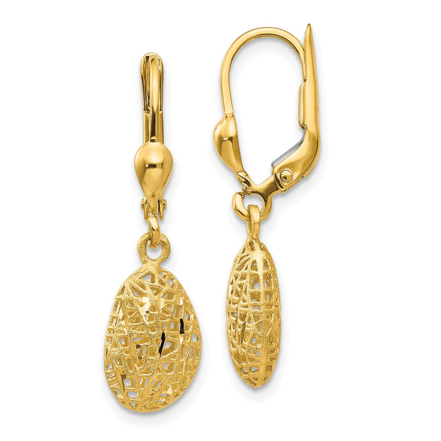 14k Yellow Gold Drop Earrings with Textured Filigree Oval Design and Leverback Closures