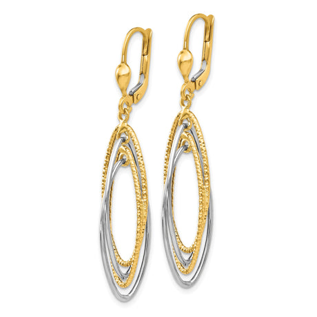 14k Two-Tone Gold Dangle Earrings with Interlocking Oval Loops, Textured and Polished Finish