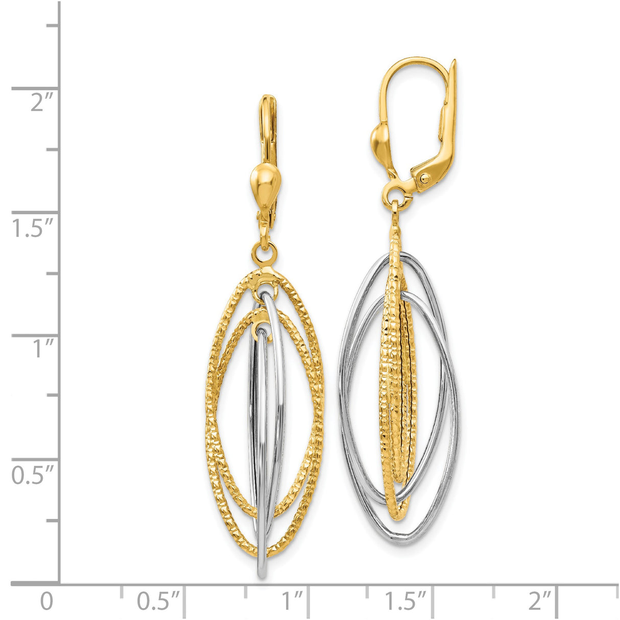 14k Two-Tone Gold Dangle Earrings with Interlocking Oval Loops, Textured and Polished Finish