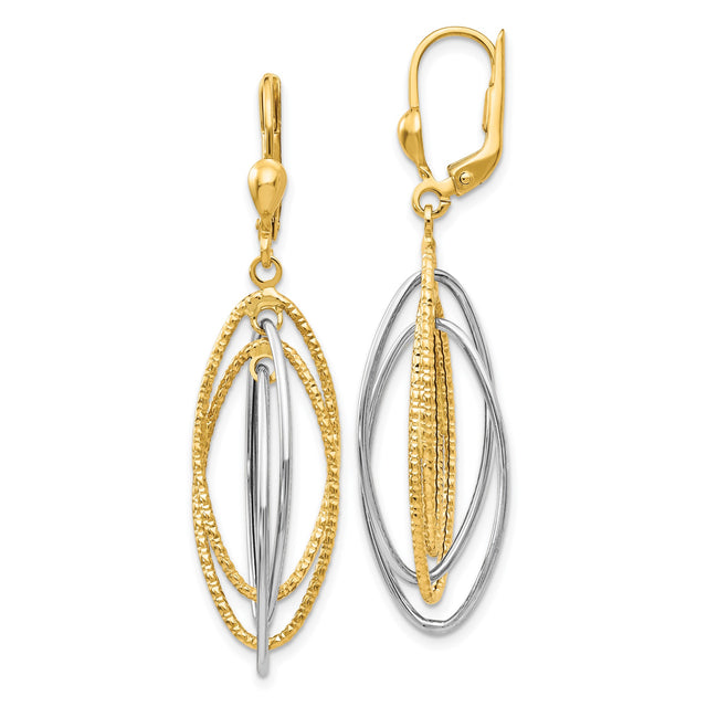 14k Two-Tone Gold Dangle Earrings with Interlocking Oval Loops, Textured and Polished Finish