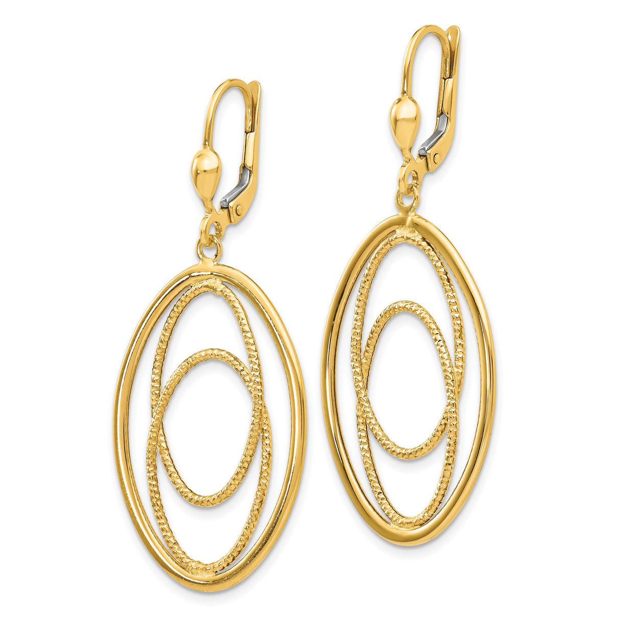 14k Yellow Gold Dangle Earrings with Triple Interlocking Oval Hoops, Textured and Polished Finish