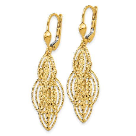 14k Yellow Gold Dangle Leverback Earrings with Marquise Filigree and Diamond-Cut Detailing