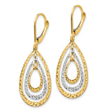 14k Yellow Gold Two-Tone Teardrop Dangle Earrings, Textured Diamond Cut, Leverback Backs