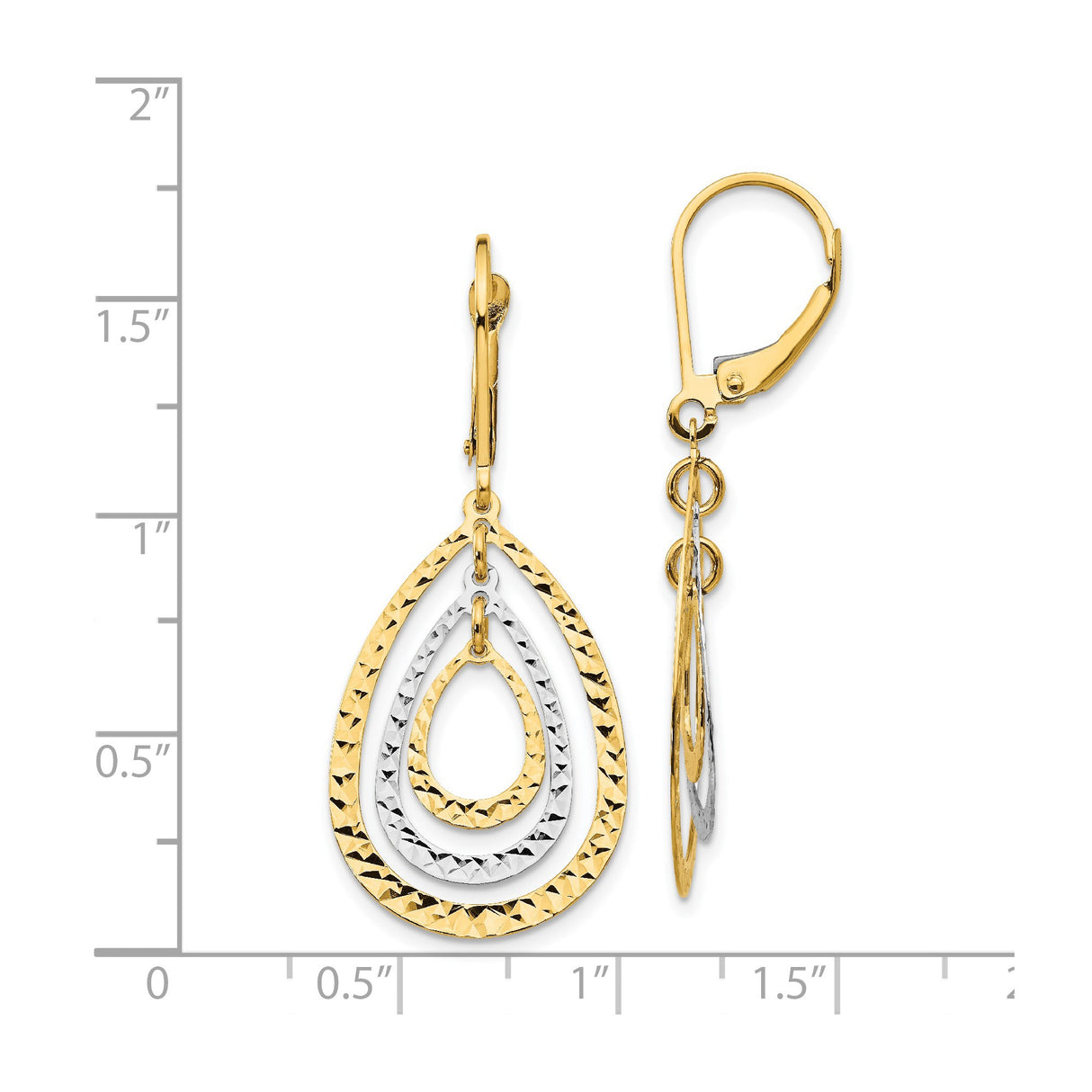 14k Yellow Gold Two-Tone Teardrop Dangle Earrings, Textured Diamond Cut, Leverback Backs