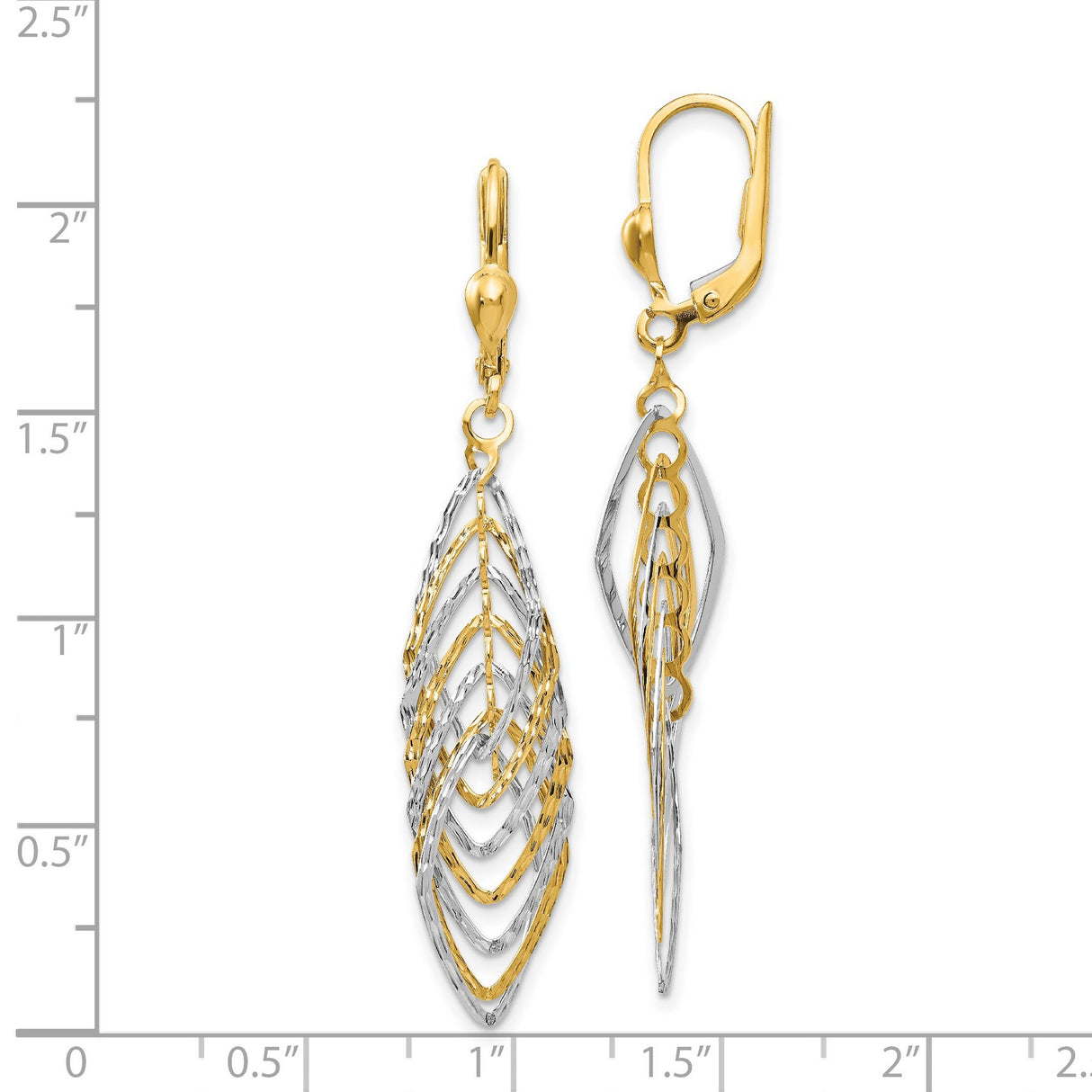 14k Yellow Gold Dangle Earrings, Two-Tone Layered Marquise Drops with Textured Finish Leverbacks