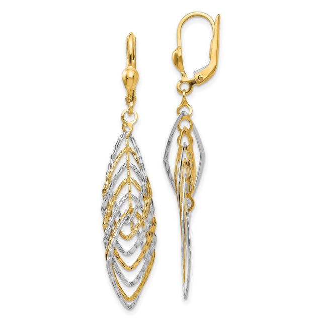 14k Yellow Gold Dangle Earrings, Two-Tone Layered Marquise Drops with Textured Finish Leverbacks