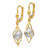 14k Two-Tone Gold Dangle Earrings with Textured White Ball and Twisted Open Design Leverback Style