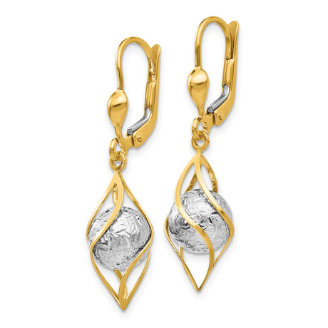 14k Two-Tone Gold Dangle Earrings with Textured White Ball and Twisted Open Design Leverback Style