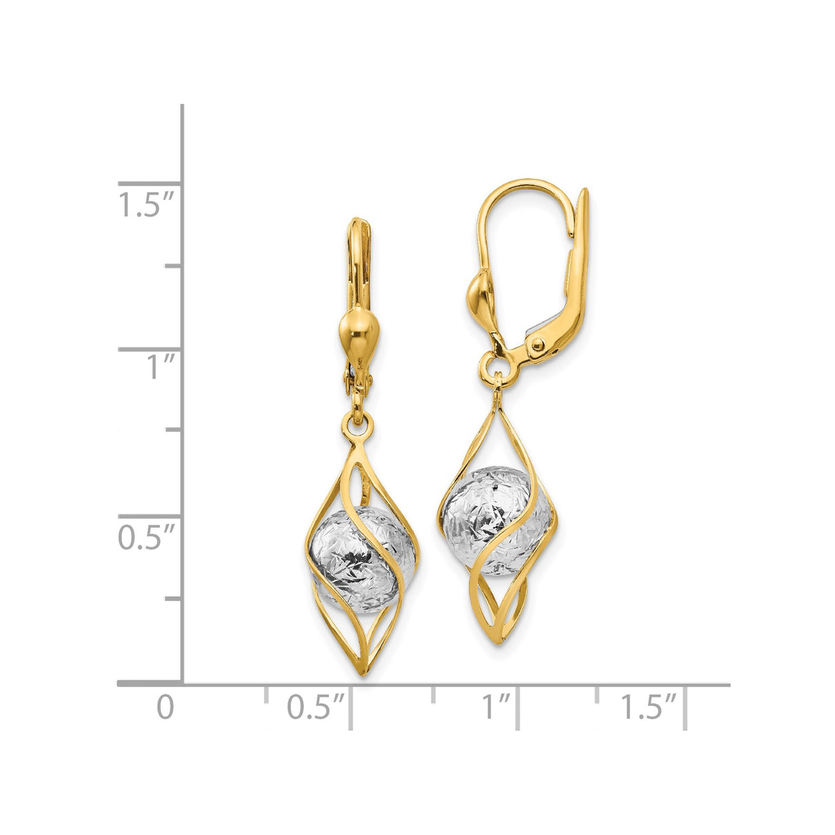 14k Two-Tone Gold Dangle Earrings with Textured White Ball and Twisted Open Design Leverback Style