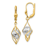 14k Two-Tone Gold Dangle Earrings with Textured White Ball and Twisted Open Design Leverback Style