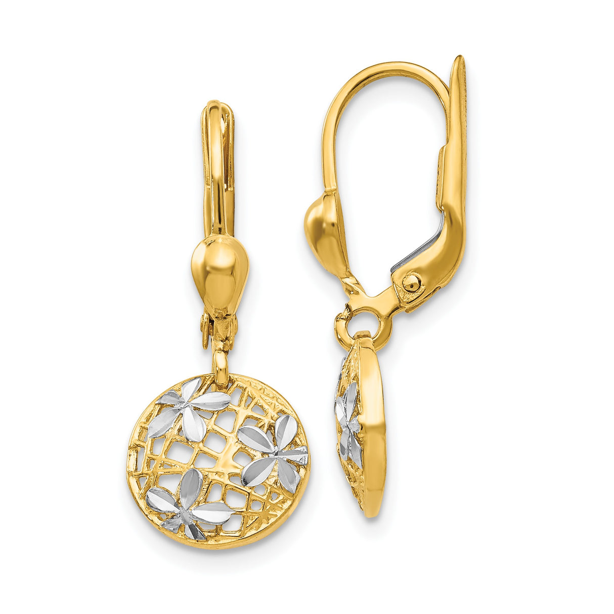 14k Yellow Gold Dangle Earrings with Round Floral Filigree and Diamond-Cut Accents