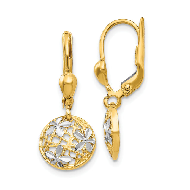 14k Yellow Gold Dangle Earrings with Round Floral Filigree and Diamond-Cut Accents